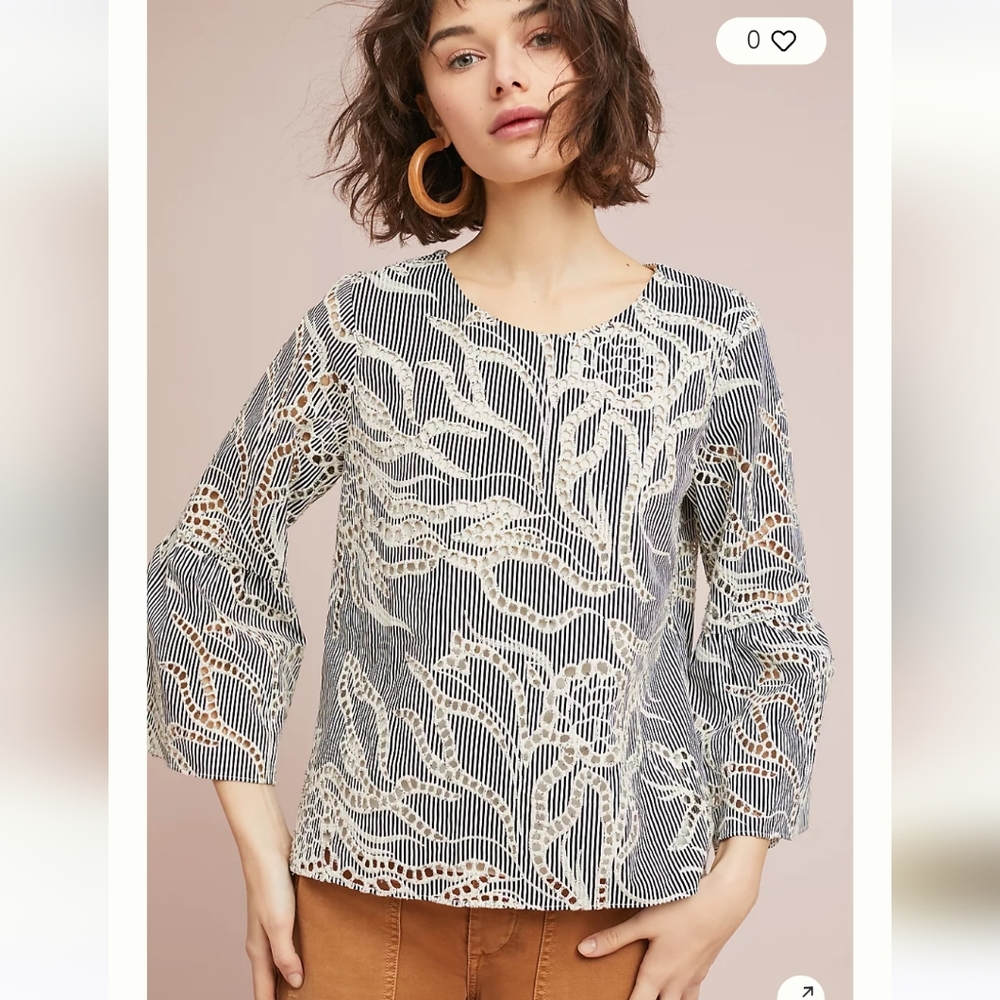 Anthropologie Navy and Cream Lace-Overlay Striped Top